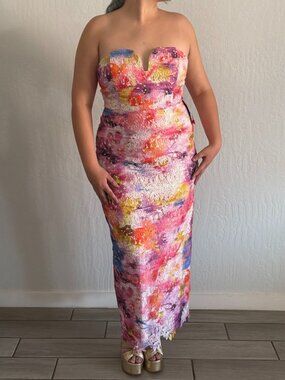 Badgley Mischka printed floral lace dress, pink, orange and blue maxi fitted